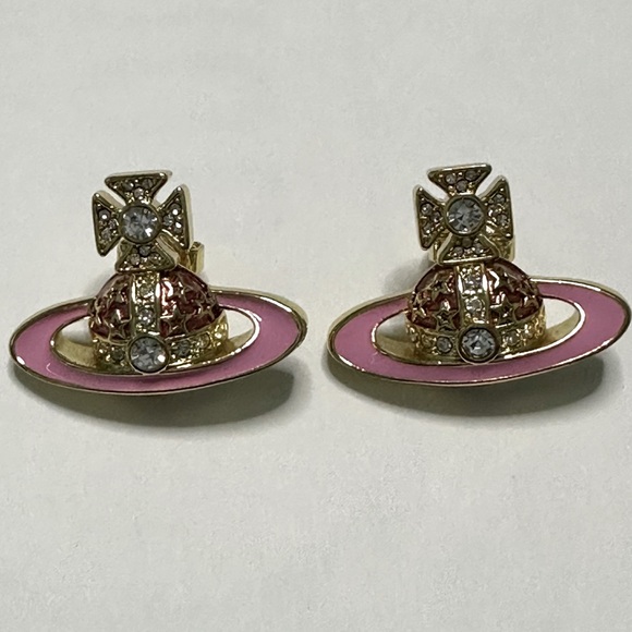 Sold out Vivienne Westwood  pink enamel sparkly crystal Saturn stud earrings - Picture 4 of 5